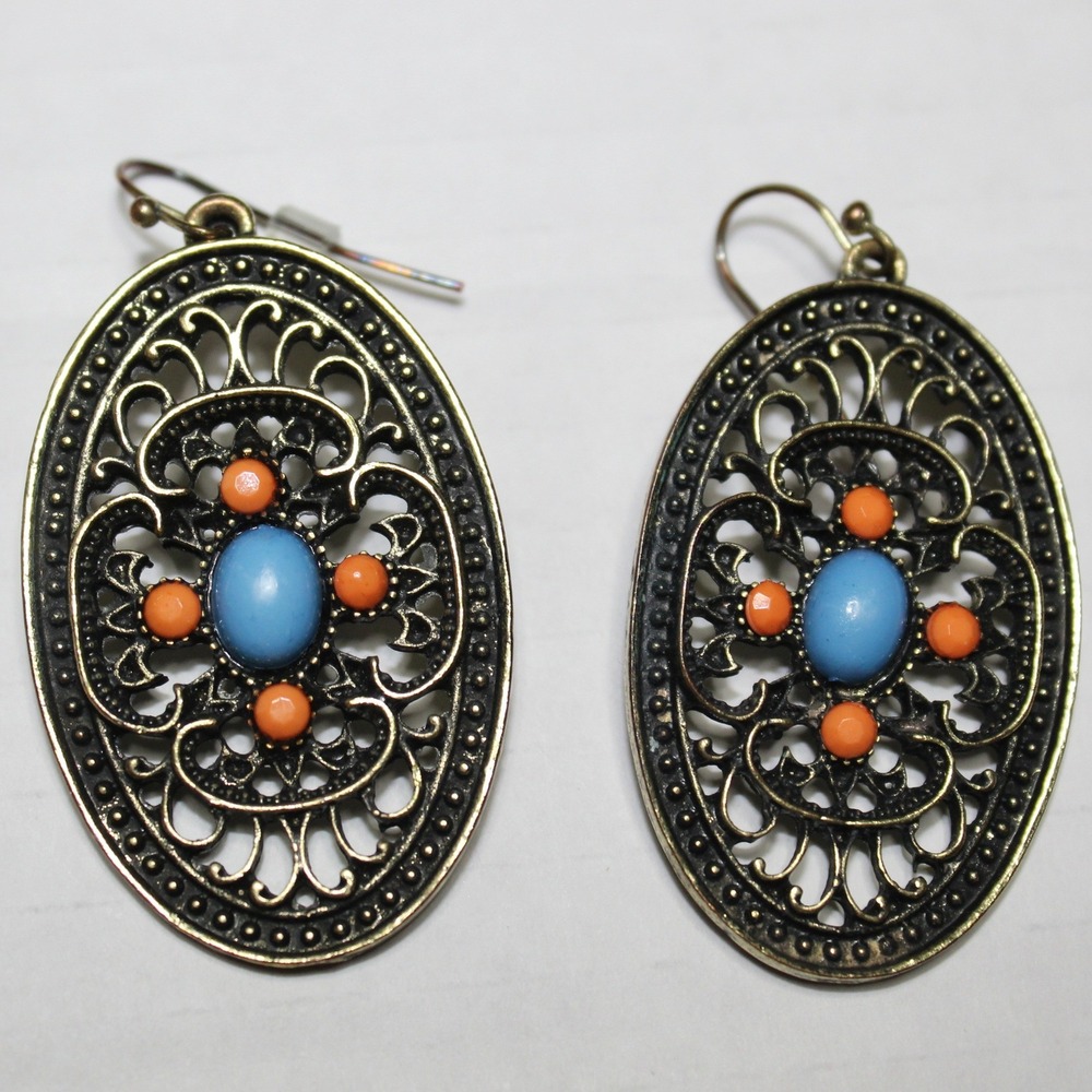 Drop Earrings Filigree‎ Faux Turquoise Coral Oval Antique Gold Boho Southwestern